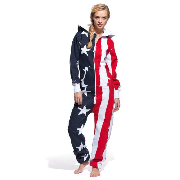 New Onepiece of Norway limited edition unisex American Flag hooded jumpsuit sz L